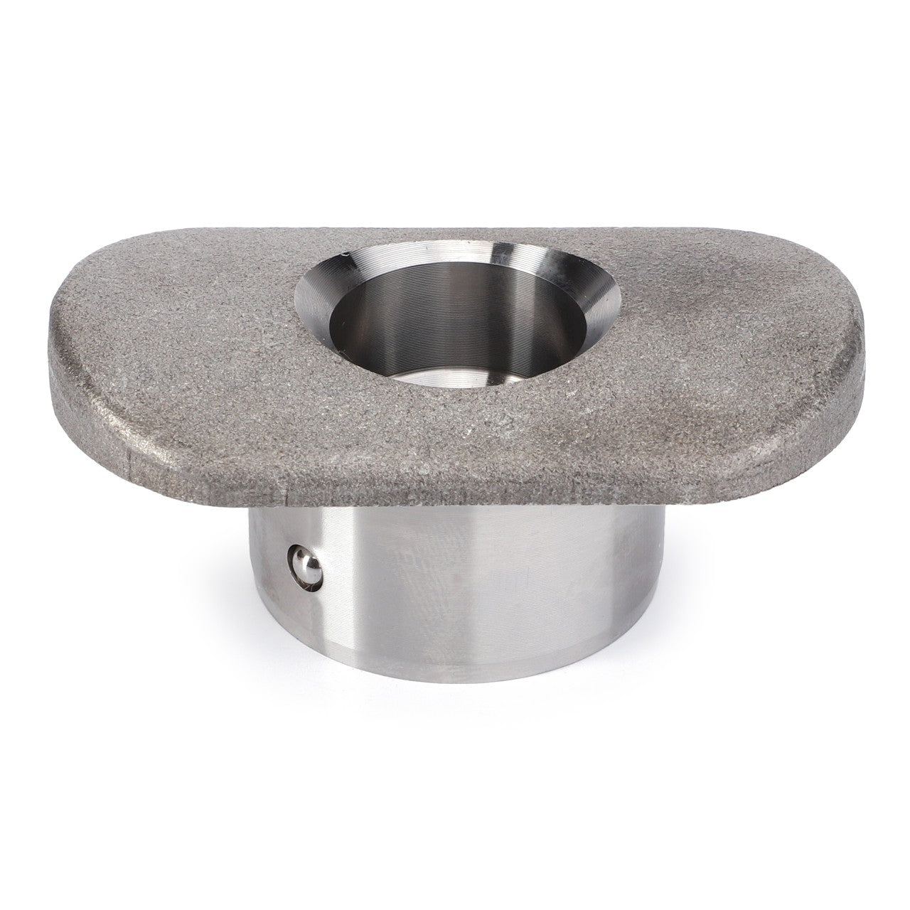 A cylindrical object made of stainless steel and stone, featuring an oval stone top with a round metal cup in its center, resembling the high-quality AGCO | Coupling Bolt Bush, Automatic Clevis - F816500070190 linkage components from AGCO Parts.