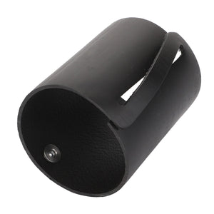 The AGCO Cover - F650633070260 is a black cylindrical metal tube featuring a jagged, angular cut on one side and a smooth, unblemished interior surface.