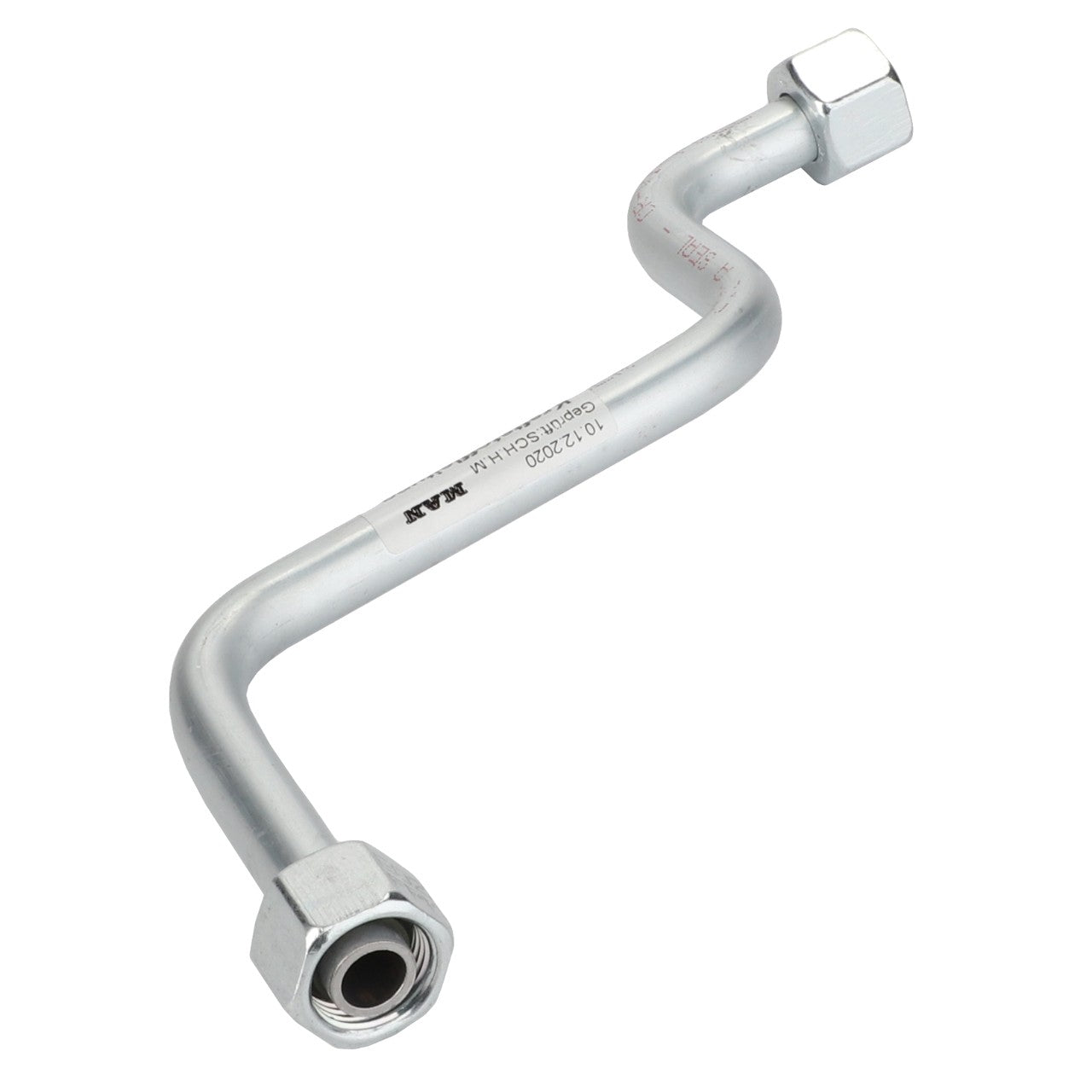 The AGCO Fuel Line (model F530200710350) is a metal pipe with hexagonal fittings on both ends and a curved design, featuring labeled text along its length. No current product description available.