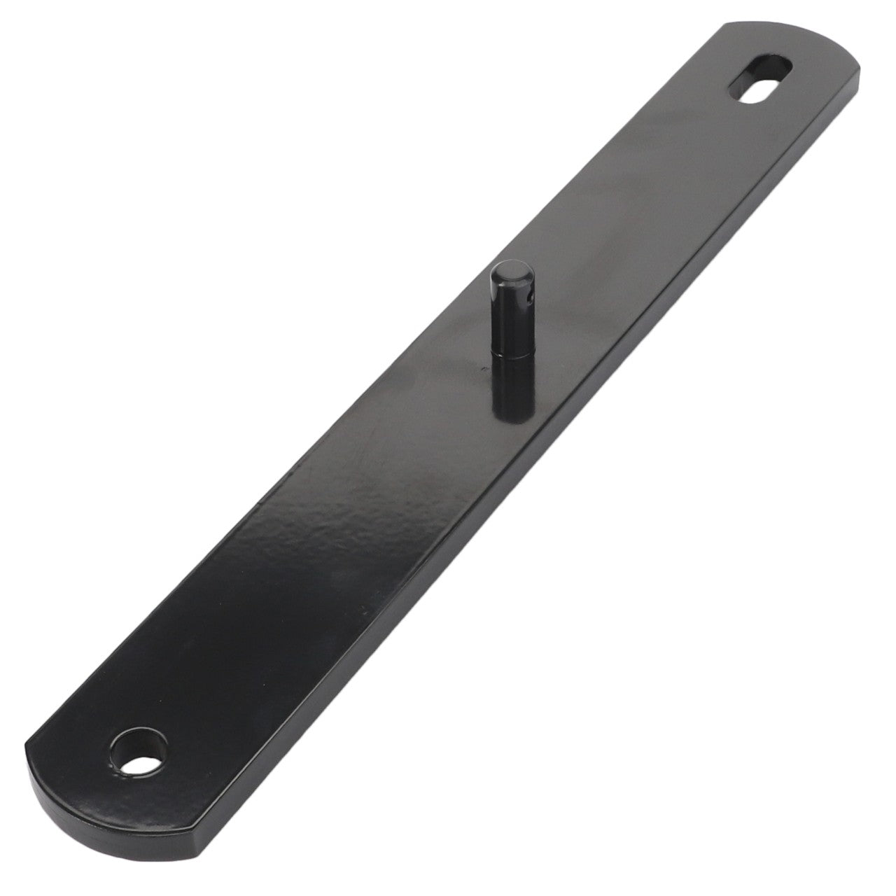 The AGCO | ARM - D28585132 is a black metal bracket featuring a cylindrical protrusion in the center and two elongated holes at each end. No current product description information is available.