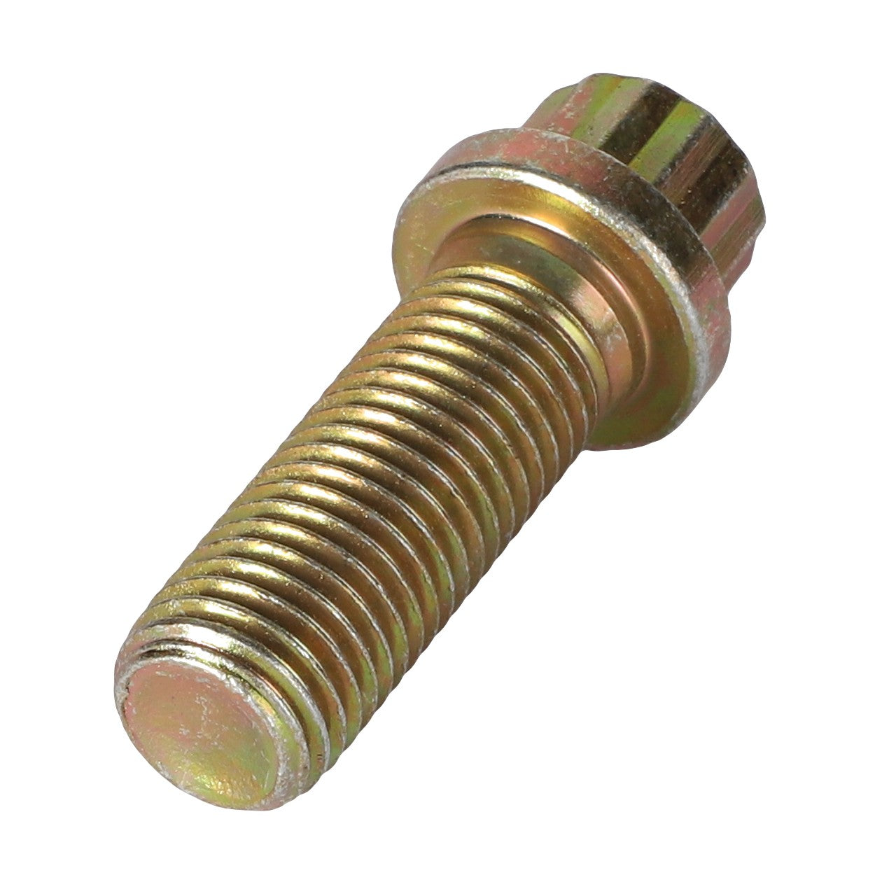 Close-up of an AGCO Screw 12 Points Flange Head - 3009803X1 with a threaded shaft, hexagonal head, and a washer-like base. The bolt has a yellowish-golden hue. No current product description available.