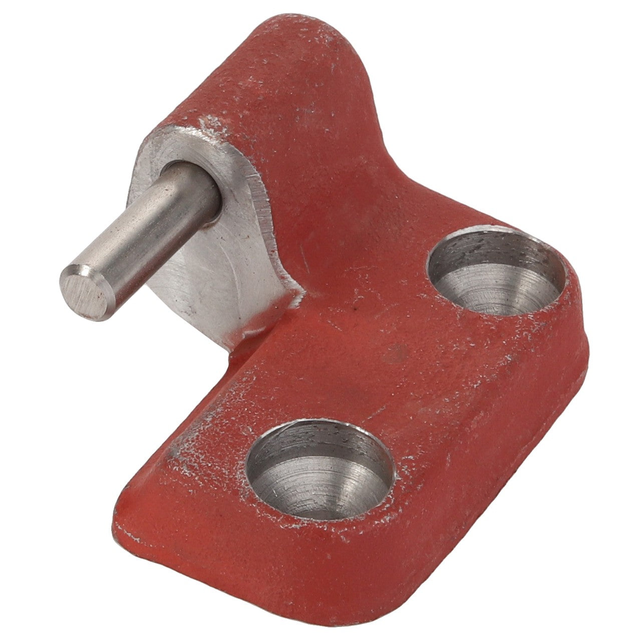 The AGCO Right Hand Hinge (3476144M91) is a red and silver metal bracket featuring two bolt holes and a single protruding pin, compatible with Massey Ferguson models.