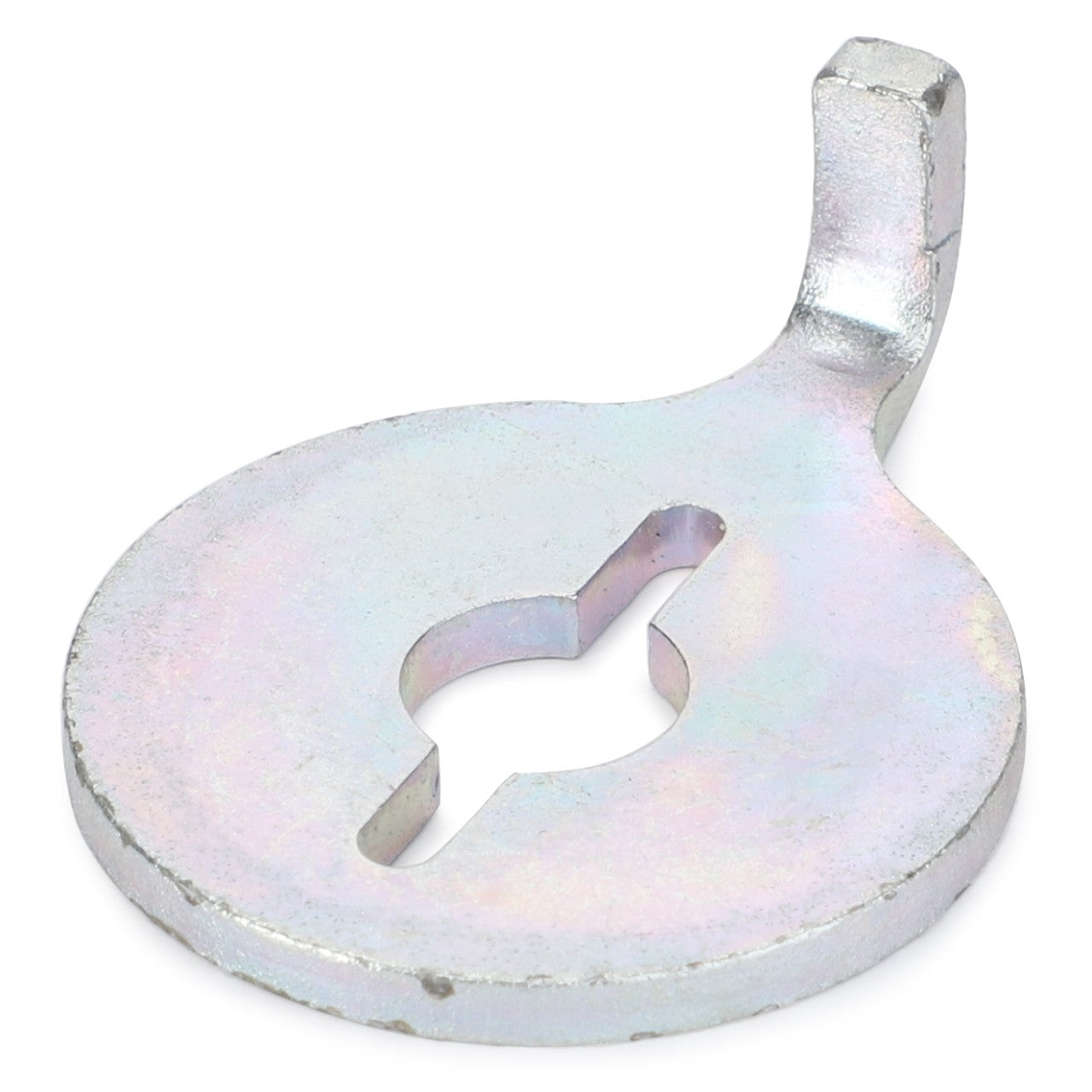 A flat metal object with a circular base and an irregular cutout in the center, extending into a short hook-like projection, reminiscent of the precision found in AGCO Plate - 716870051270 by AGCO.