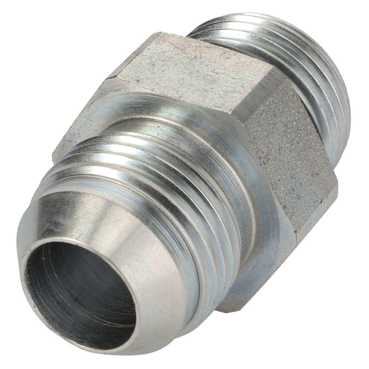 The AGCO Adaptor Fitting - Acp0057360, by the reputable brand AGCO, is a metallic pipe fitting with threaded ends designed for efficiently connecting two pipes.