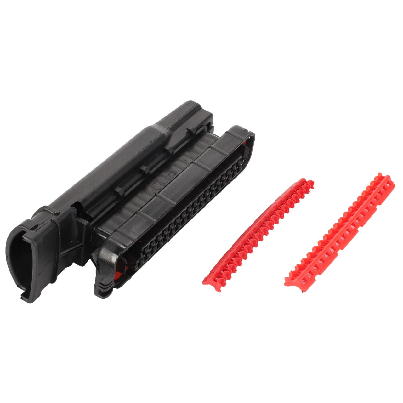 The AGCO Electrical Connector - D45043900 includes a black plastic cable duct accompanied by two red, comb-shaped cable management accessories.