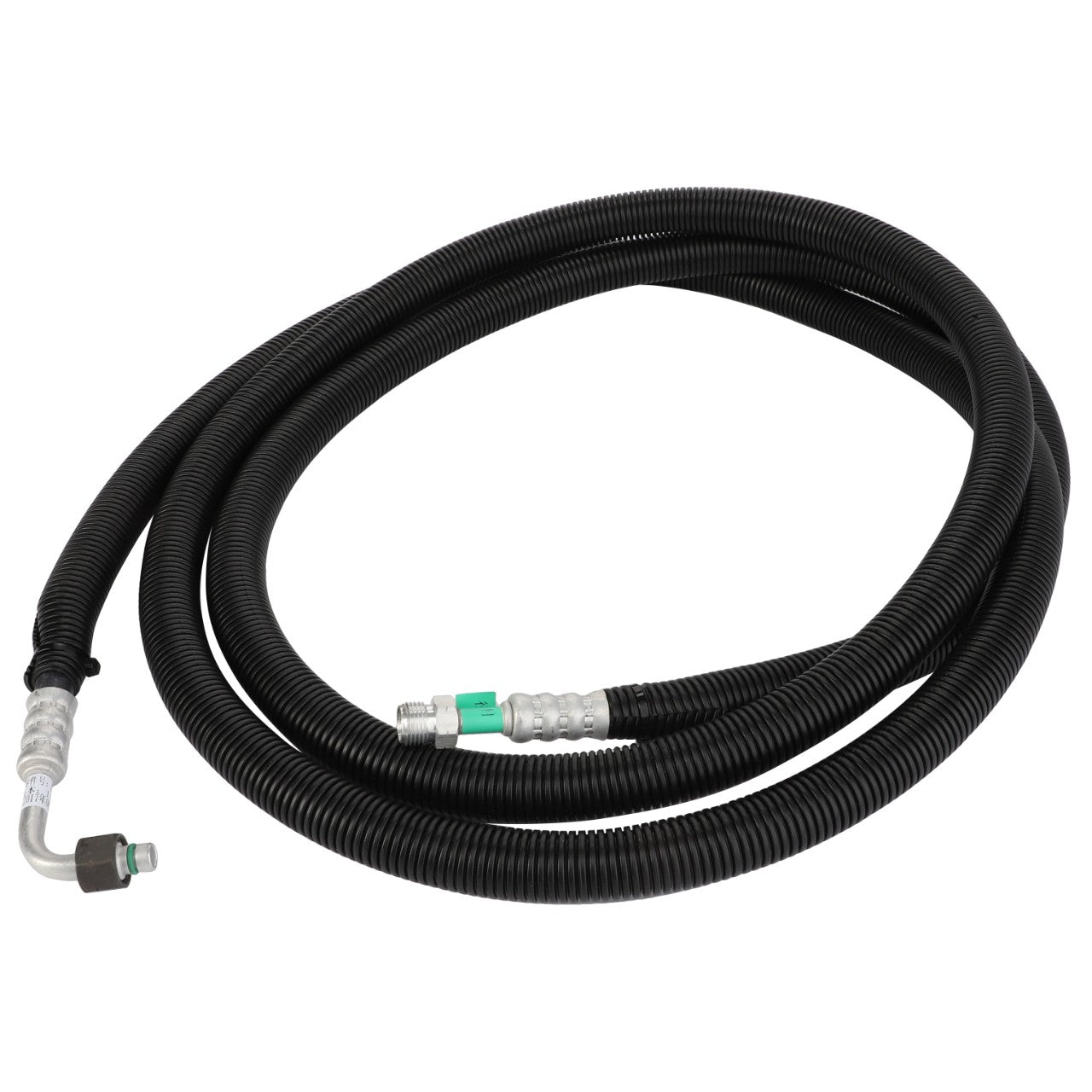 A coiled black AGCO air conditioning hose (ACY1581900) with metallic connectors on both ends lies on a white background.