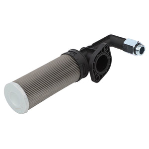 Image of the AGCO | Strainer - Acw228187B, a cylindrical industrial filter featuring a pleated design, connected to a black L-shaped connector with a screw fitting on one end. No current product description information is available.