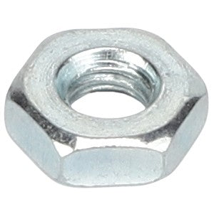 A close-up image of the AGCO | HEX NUT - AG551317, a metal hex nut branded by AGCO, featuring a circular threaded hole in the center, designed for fastening to a bolt.