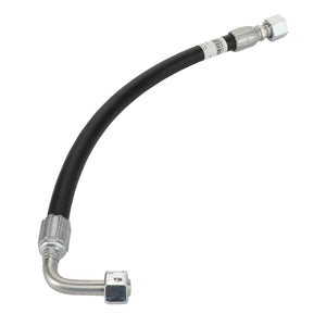 Introducing the AGCO Hydr. Hose - Acw0555210: a black flexible hydraulic hose equipped with durable metal fittings at both ends, including one with a right-angle bend. Please note that no current product description information is available.