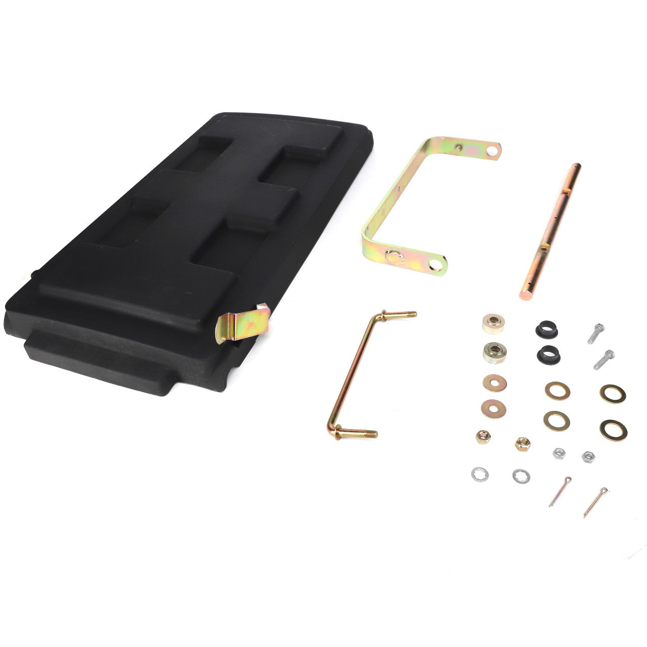 Image of an AGCO HOPPER LID - ACP0317790, featuring various metallic brackets, screws, bolts, washers, and other small hardware components laid out on a white background. For questions about ordering or assembly, please contact our support team.