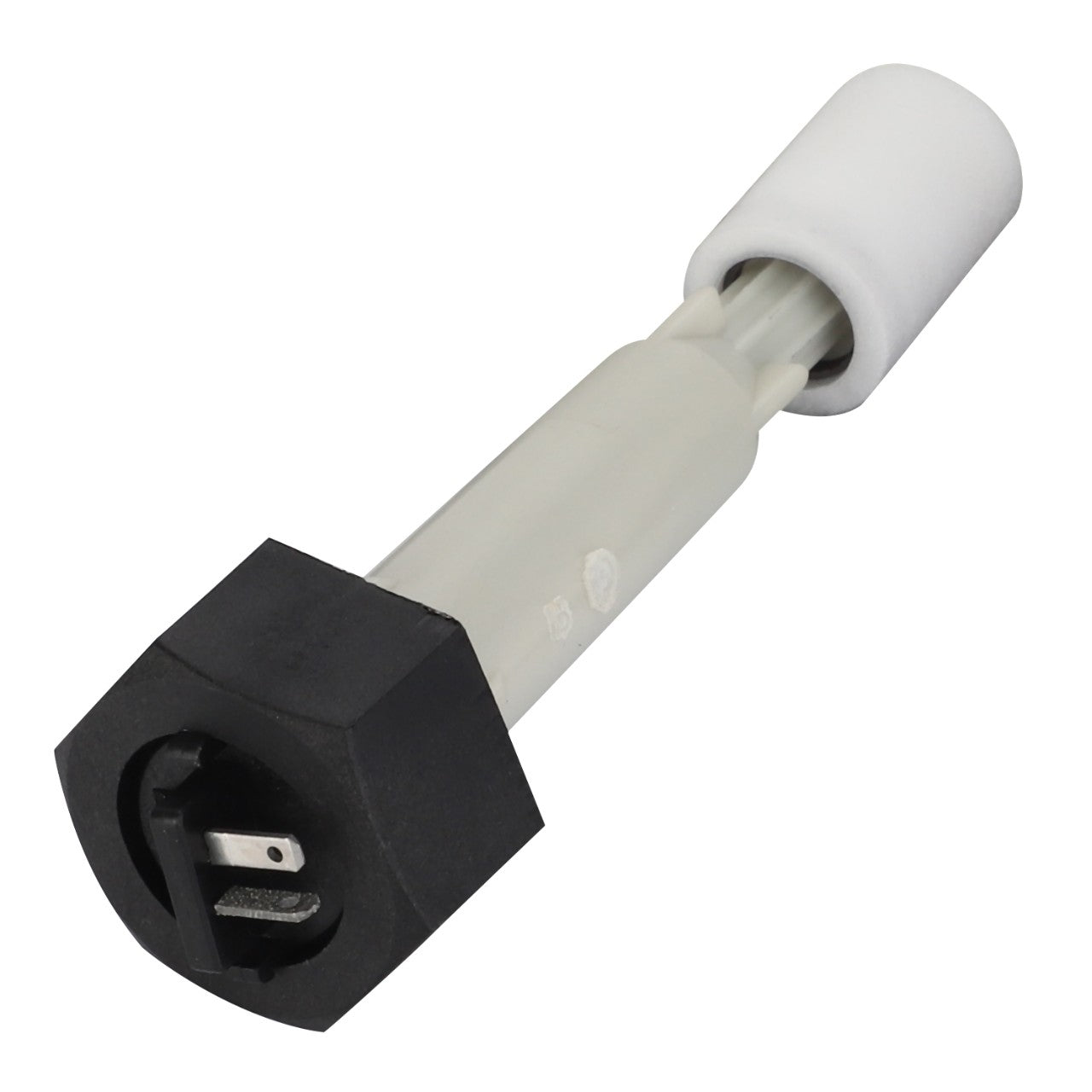 The AGCO Switch Indirect Radiator - D45073900 is a cylindrical sensor with a white and gray body, featuring a black connector with metal prongs at one end. No current product description is available.