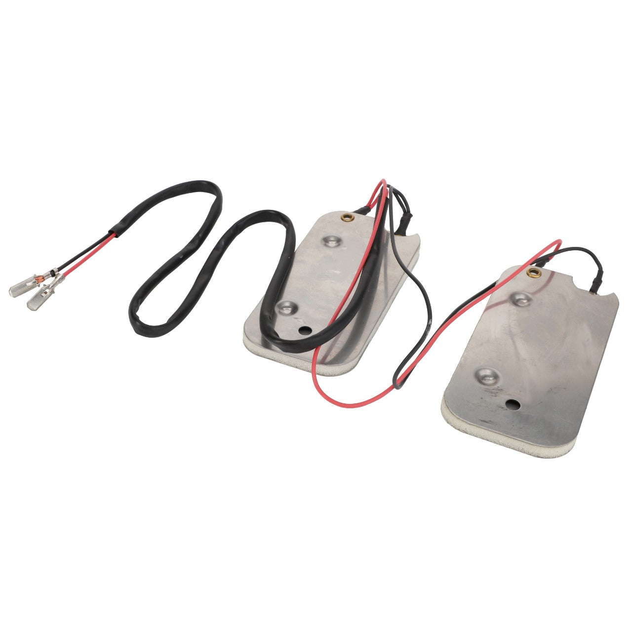 Two rectangular metal heating pads, equipped with attached black and red wires and connectors, are arranged on a white background. This specific product is the AGCO Sensor - Acp0523880 from the AGCO brand; however, no further current product description is available for this item.