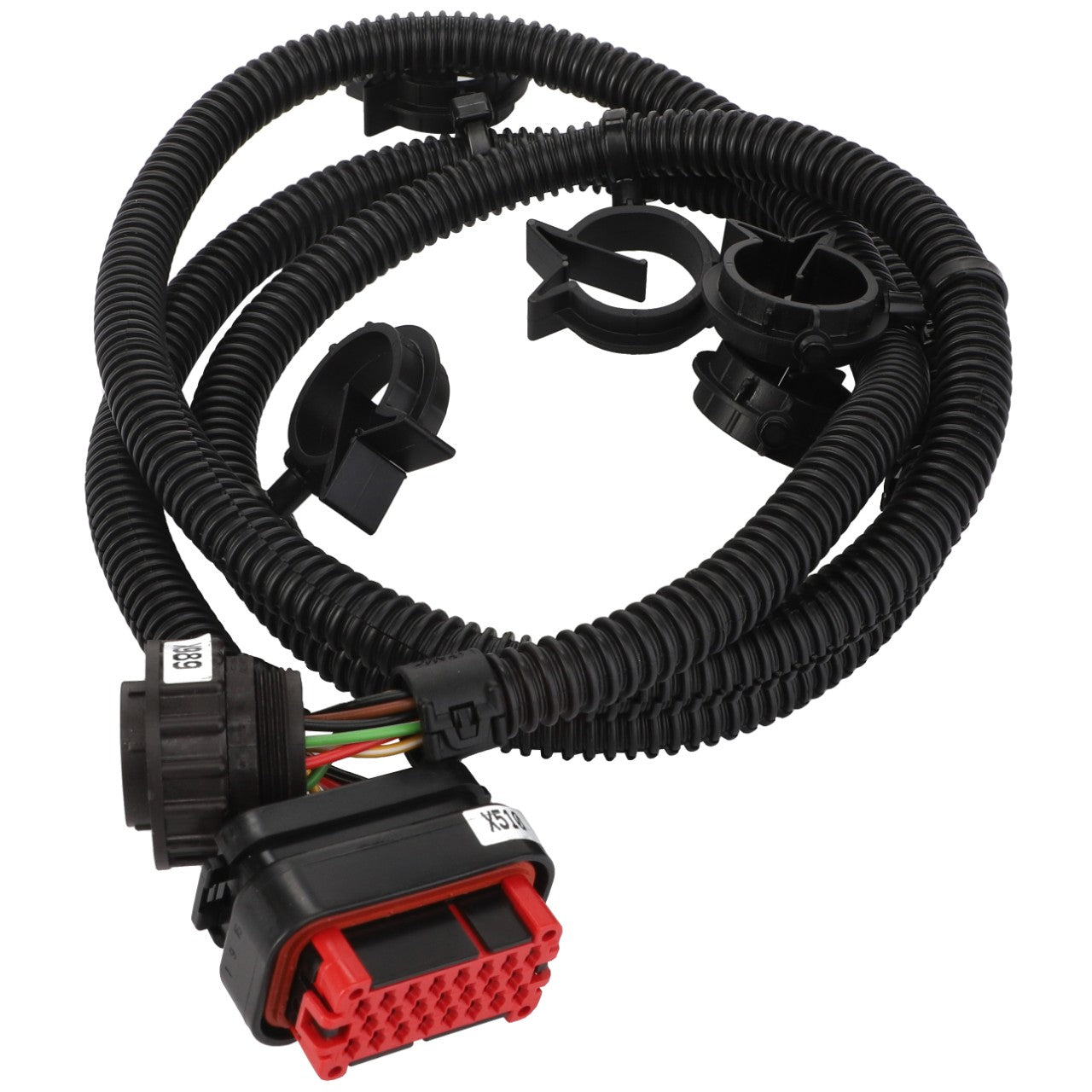 The AGCO | Harness - Acw3526760 is a coiled black electrical wiring harness featuring multiple connectors and colored wires, including a prominent large red connector at one end. Currently, no additional product description information is available.