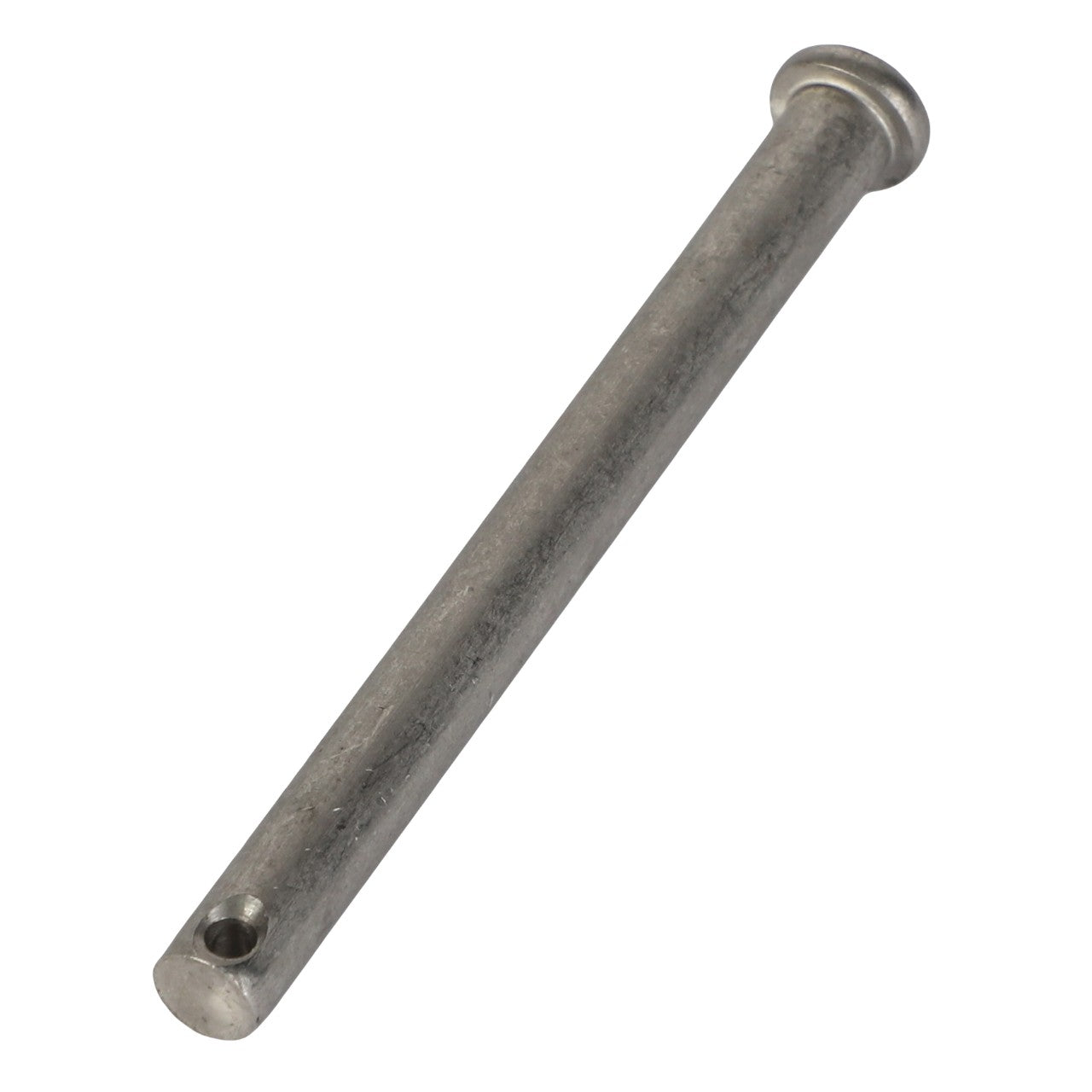 The AGCO CLEVIS PIN - AG516398 is a cylindrical metal pin featuring a hole at one end and a flat, slightly wider cap at the other end.