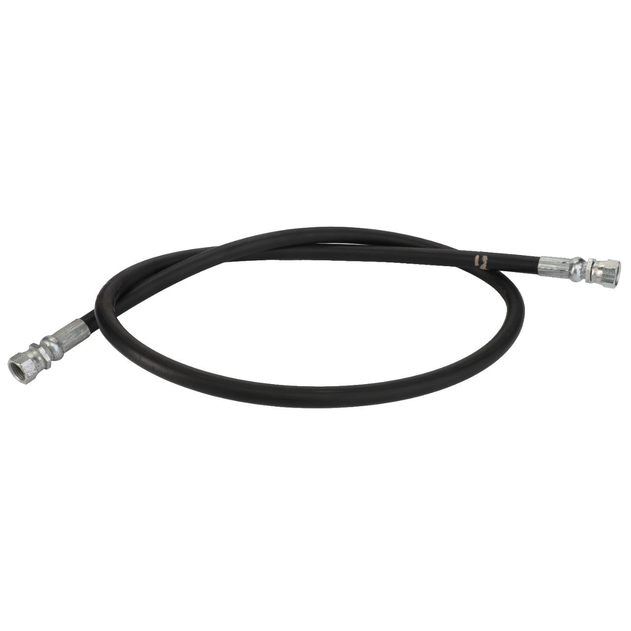 No current product description is available for the AGCO Hydraulic Hose - Acp0012490, a durable black rubber hose with metal connectors on both ends.