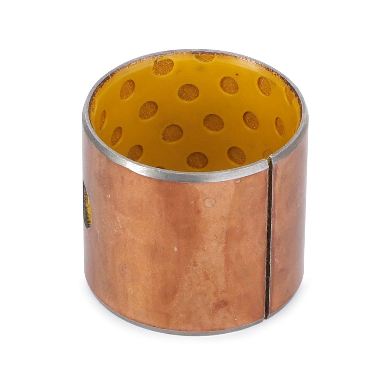 The AGCO Bush - 3427870M1 is a cylindrical bronze bushing with a yellow, perforated inner surface designed for lubrication, compatible with Massey Ferguson models.