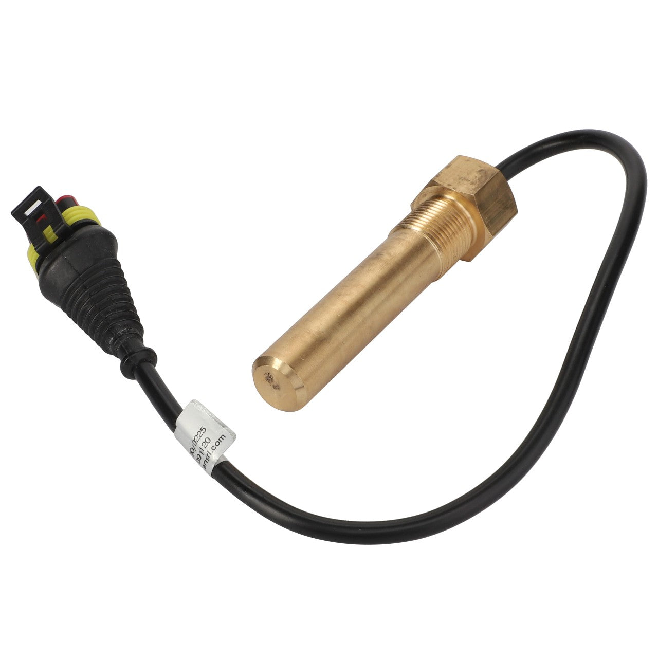 The AGCO Sensor Drive Train System - Acp0329650 from AGCO is a cylindrical metal sensor with a threaded end, attached to a black cable with a yellow connector, making it perfect for tractor parts.