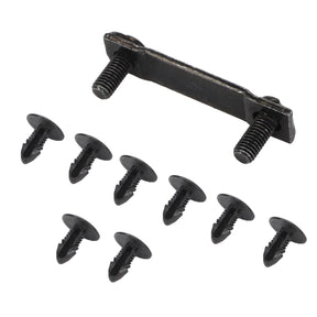 An AGCO Small Parts Kit - F339500030360, featuring a black metal bracket with two attached screws and eight black push-in fasteners, all neatly arranged on a white background.