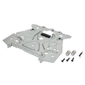 The AGCO | ROCKER - F931502030630 metal mounting bracket, complete with screws, springs, and a compact auxiliary component, laid out on a white surface.