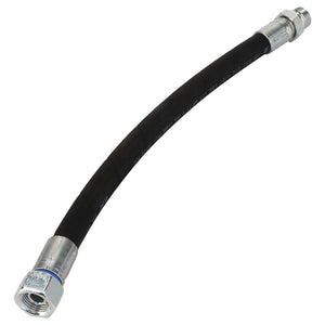 The AGCO Hydr. Hose - Acp0294190 is a flexible black hose equipped with silver metal connectors at both ends, designed for efficient fluid or gas transfer.