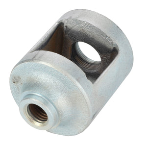 A metallic cylindrical mechanical part with cut-out sections and threaded openings on both ends, compatible with Massey Ferguson machinery, the AGCO Guide Block - Fel200026.