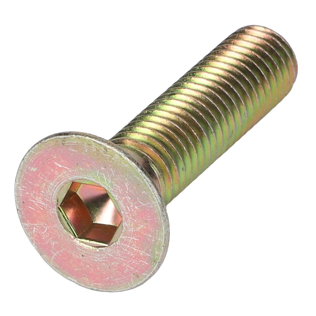 A close-up image of the AGCO COUNTERSUNK CAPSCREW (0902-60-65-00), a gold-colored flat head socket cap screw with a hexagonal drive and threaded body. No current product description information is available.