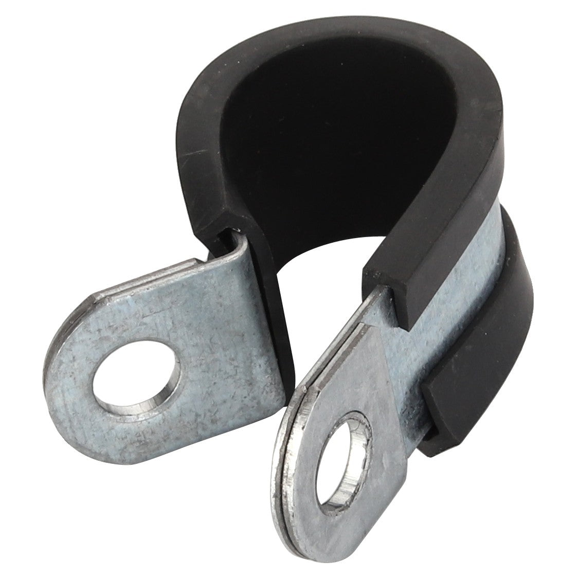 The AGCO Clamp - Acp0322780 is a metal, rubber-lined P-clamp featuring two mounting holes, brought to you by AGCO.