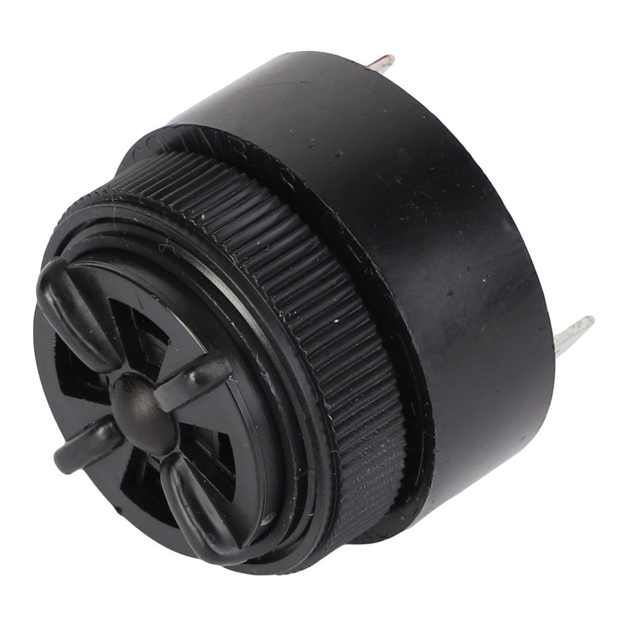 The AGCO Alarm - 112236W1 is a cylindrical black electronic component featuring two metal pins protruding from one end and a textured outer surface.