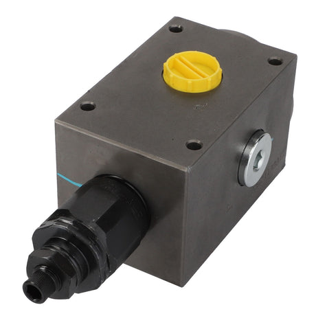 The AGCO Relief Valve - Acw1431350 is a metal valve block featuring a yellow screw cap and black fitting.