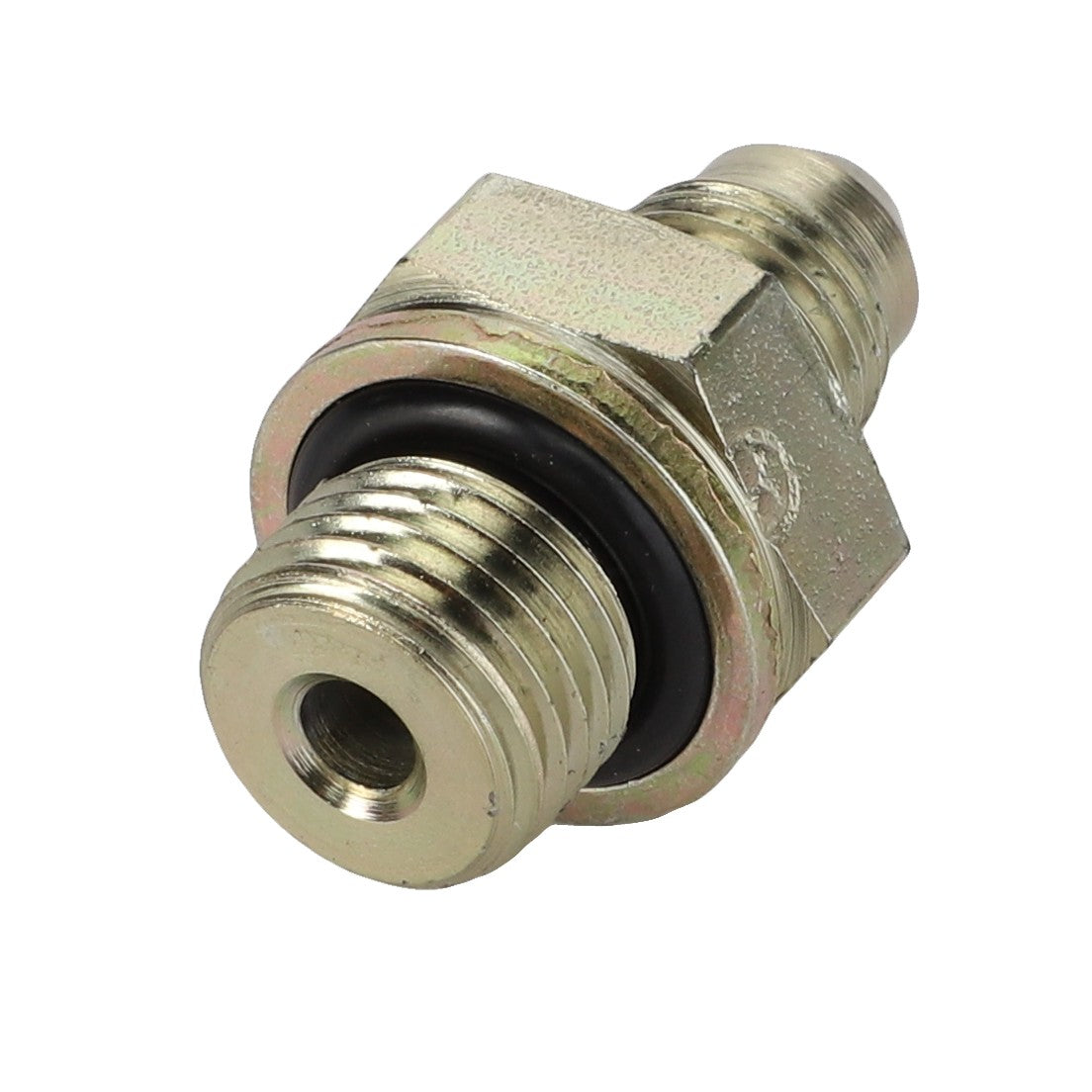 The AGCO ADAPTER FITTING - AG517470 is a metal hydraulic fitting with a hexagonal center and threaded cylindrical ends, featuring an integral O-ring for superior sealing.