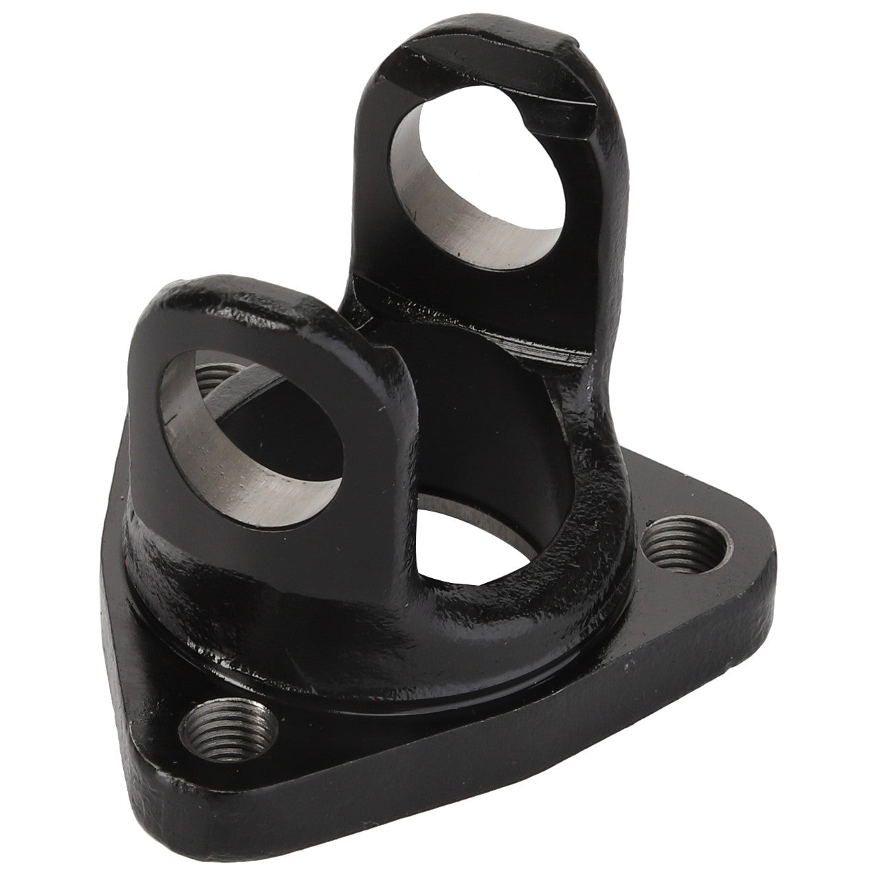 The AGCO YOKE - ATV1402-369 is a black metal component that features two cylindrical holes and a flat, triangular base with two threaded screw holes for secure attachment.