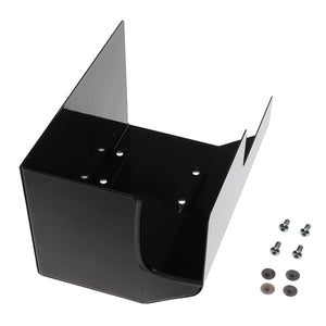 Product AGCO | COVER - AL10550058, a black, L-shaped wall mounting bracket with pre-drilled holes, accompanied by six bolts, four washers, and three rubber gaskets, is arranged on a white background. No current product description information is available for this item from AGCO.