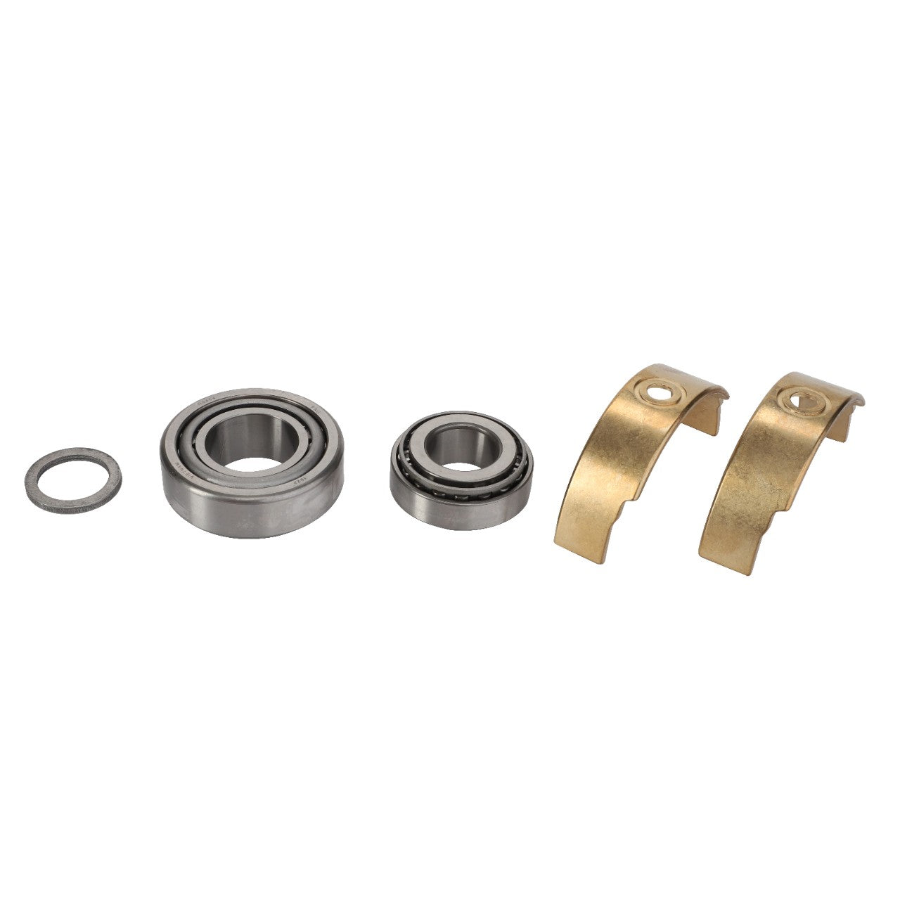 Image of the AGCO Bearing Kit - F930940010060, featuring metal washers, bearings, and brass half shells precisely aligned in a singular row on a pristine white background.