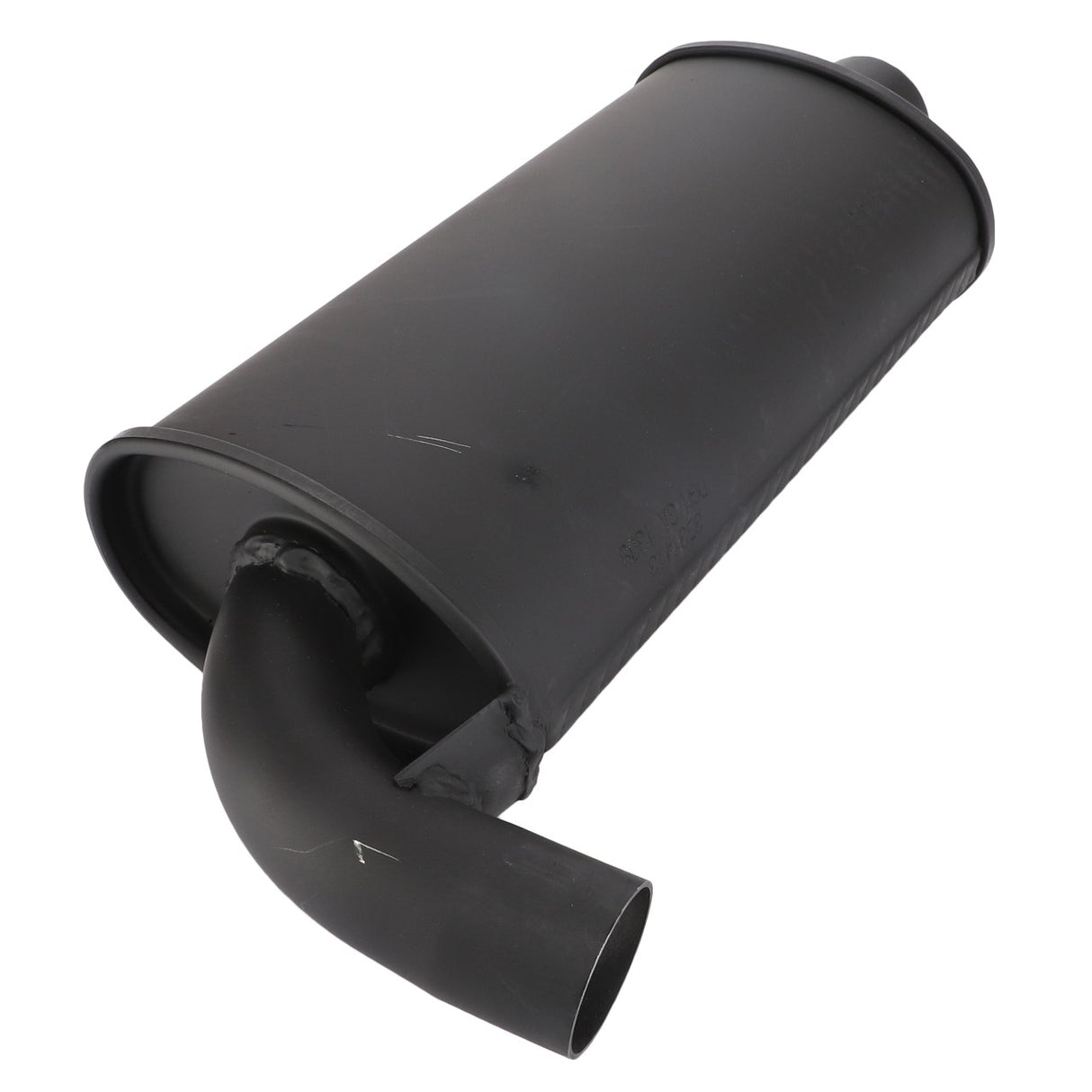 Here is a genuine AGCO product, the Muffler - E3531413M91, designed to enhance performance variables. It features a sleek black cylindrical shape with a curved pipe extending from one end and is set against a plain white background.