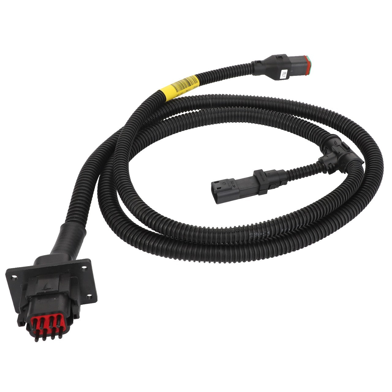 Introducing the AGCO Harness - Acw106479A, a coiled wiring harness with connectors at both ends, perfect for automotive or electronic applications. No current product description information is available regarding its specifications.