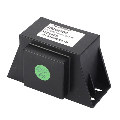 A black rectangular device labeled "D45088900 Relay, Combiner," from AGCO, featuring a green circular sticker with the number "3917" on the side. Known for its machinery reliability, this AGCO Parts Genuine Electrics component is vital in electrical parts systems.