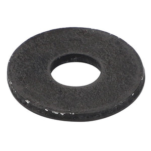 The AGCO | Flat Washer - Acw6056450 is a sleek, circular black metal washer featuring a central hole.