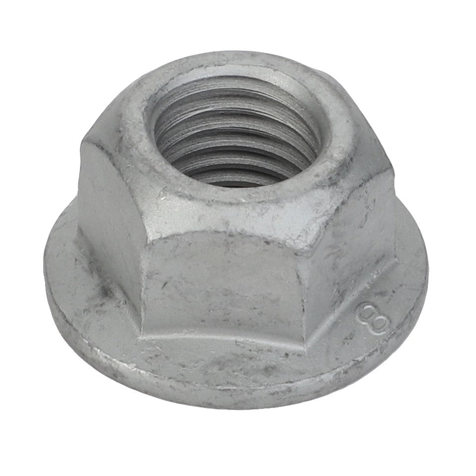 Close-up of the AGCO Hex Flange Top Lock Nut - Acw1027170, a silver metal hex nut featuring an integrated washer base and a threaded hole. No current product description information is available.