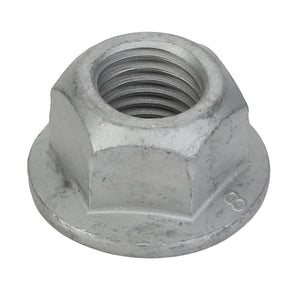 Close-up of the AGCO Hex Flange Top Lock Nut - Acw1027170, a silver metal hex nut featuring an integrated washer base and a threaded hole. No current product description information is available.