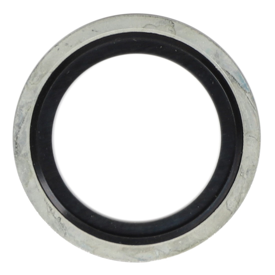 The AGCO SEALING RING - AG124041, from the renowned brand AGCO, is a black rubber washer featuring a metal outer ring, specifically designed for sealing connections in plumbing or mechanical systems.