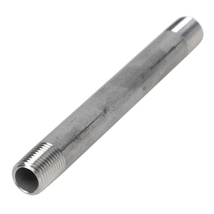 The AGCO Nipple, model AG714097, is a cylindrical metal pipe with threaded ends designed for connecting other pipes or fittings. No current product description information is available.