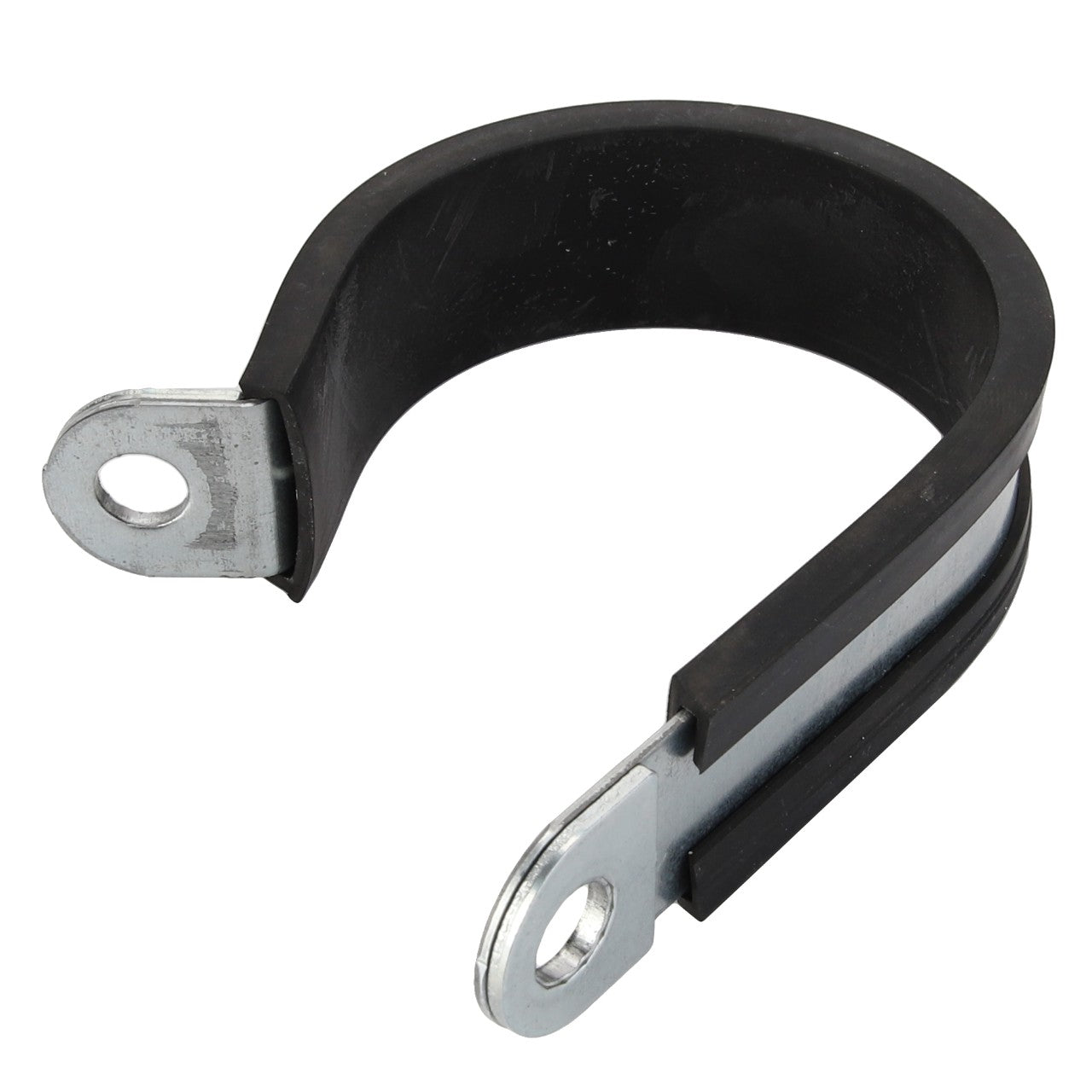 The AGCO Clamp - Acp0322220 is a durable metal clamp with a rubber lining that features two mounting holes at each end for secure installation.