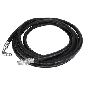 The AGCO | Hydraulic Hose - Acw1132990, a coiled black hydraulic hose with metallic connectors at both ends, lies against a plain white background.