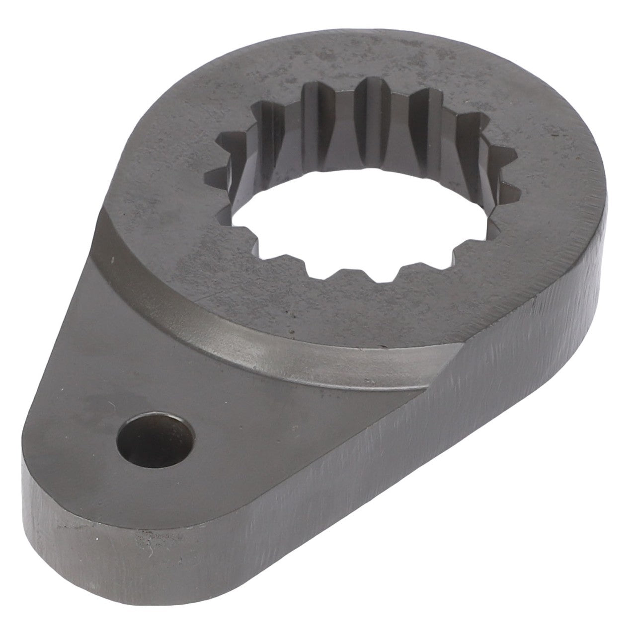 The AGCO Shear Hub - Acx2467250 is a metal gear-like mechanical part featuring a toothed central hole and a single smaller hole on one side. No additional product description information is available at this time.