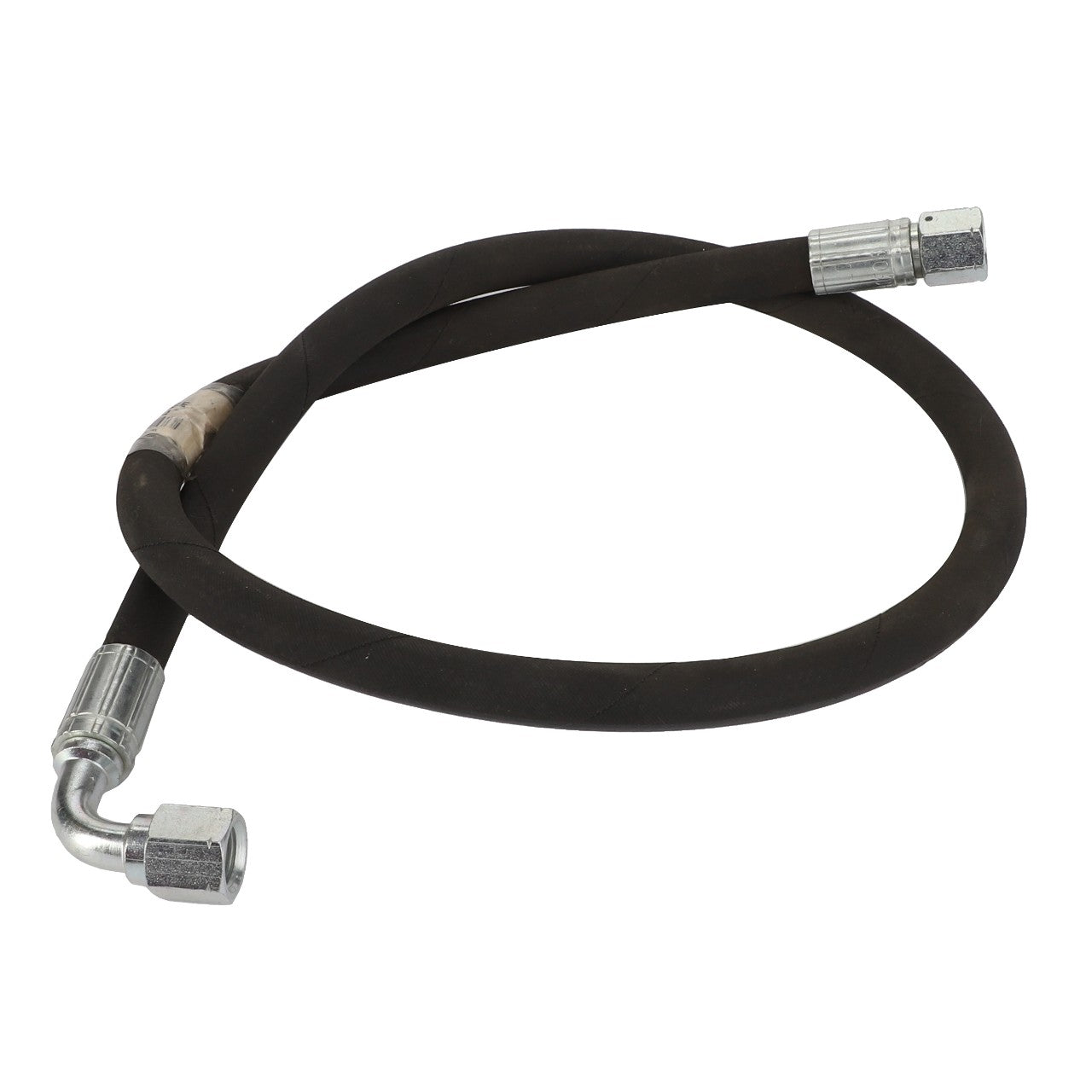 Introducing the AGCO | HYDRAULIC HOSE - AL9030860 by AGCO: a durable black rubber hose featuring metal connectors on both ends, with one connector bent at a precise 90-degree angle.