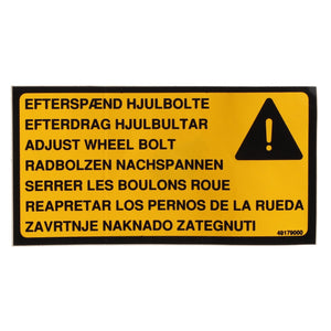 The AGCO | DECAL - D49179000, a warning sign with an exclamation mark symbol, displays instructions in multiple languages to "adjust wheel bolt." No current product description information is available.