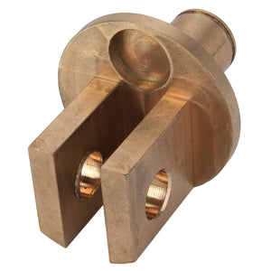 The AGCO CLEVIS - D28986132, also referred to as a brass yoke end, features two prongs and two holes for connecting rods or pins and a rounded, cylindrical top. No current product description information is available.