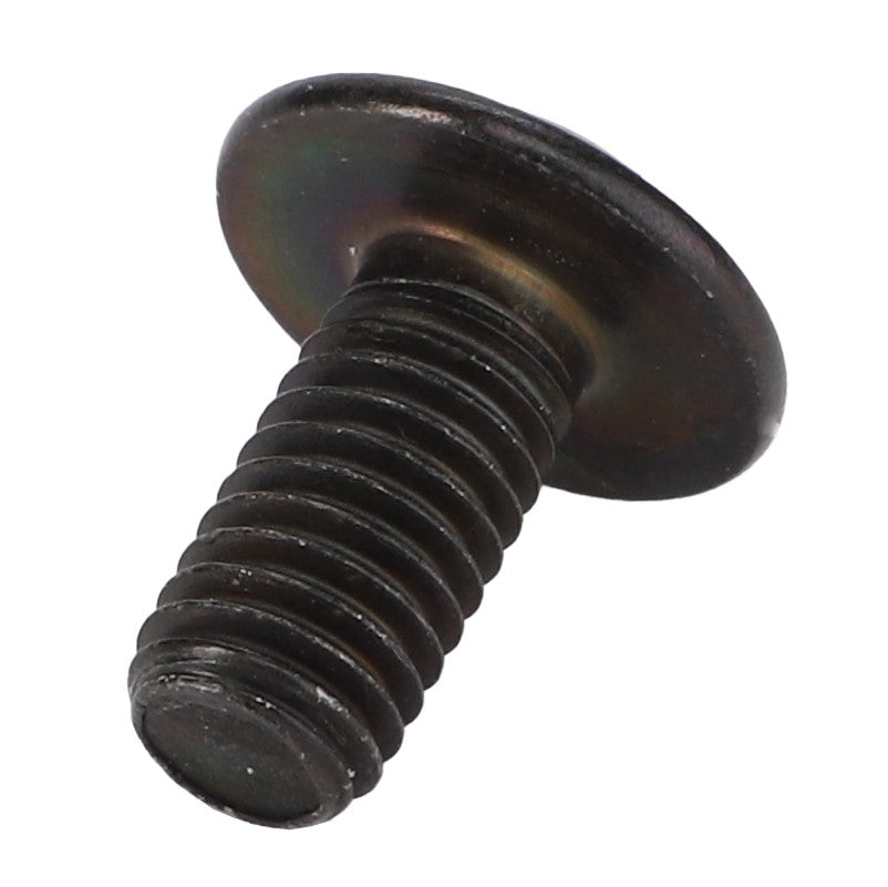 A close-up image of the AGCO | Button Head Screw - Acw1022950, featuring a black metal screw with a flat, round head and threaded body, accentuated by its sleek, industrial finish.