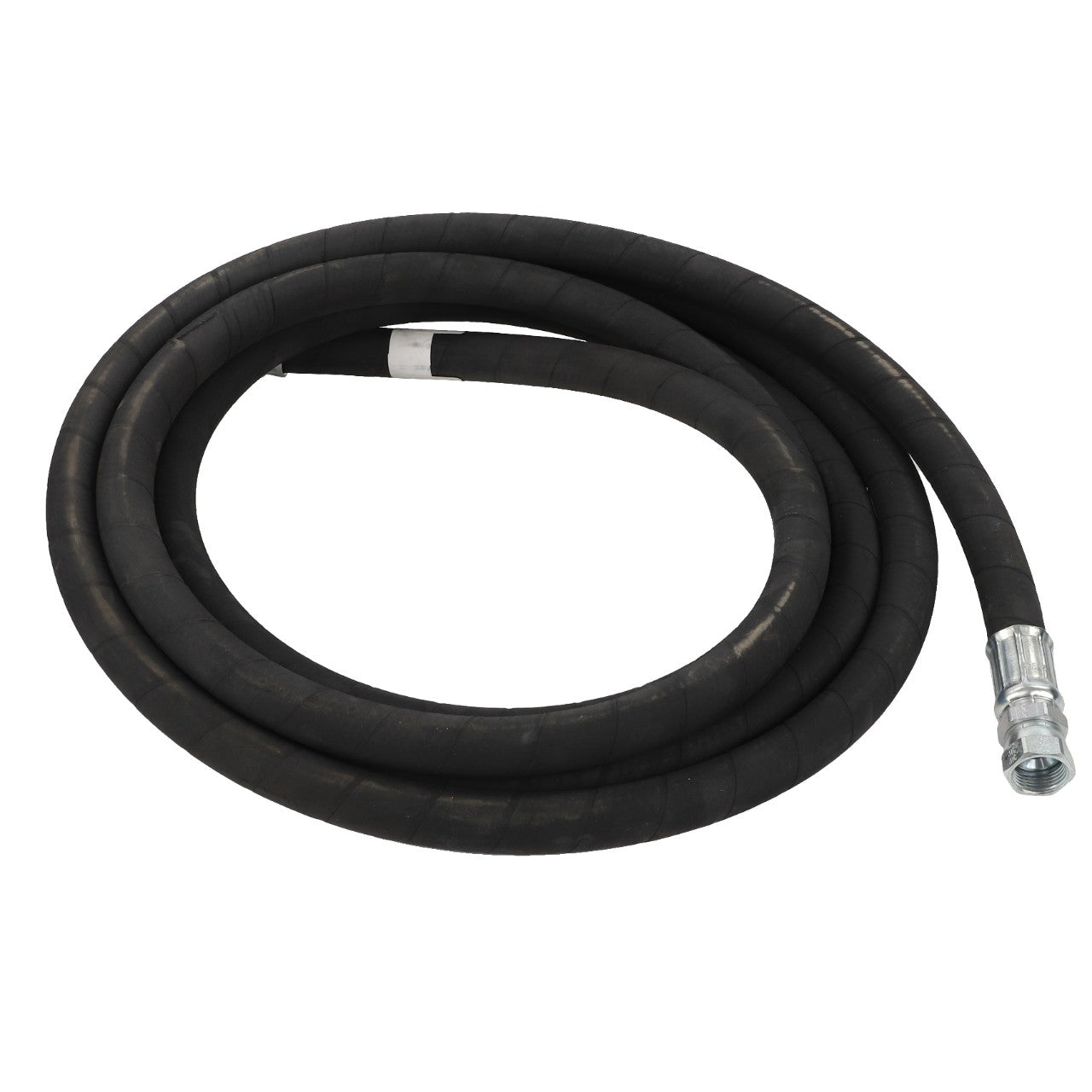 A coiled black hydraulic hose with metal fittings on both ends is placed against a white background. This product is the AGCO Hydraulic Hose - Acp0004390 by AGCO. No current product description available for this item.