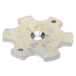 Product Description: The AGCO Sensor Sprocket - Acx2630570 is a metal wheel-shaped component featuring a central threaded hole and five outward projections, each housing a smaller hole. Its surface shows signs of slight wear and tarnishing. Currently, no additional product description information is available for further details.